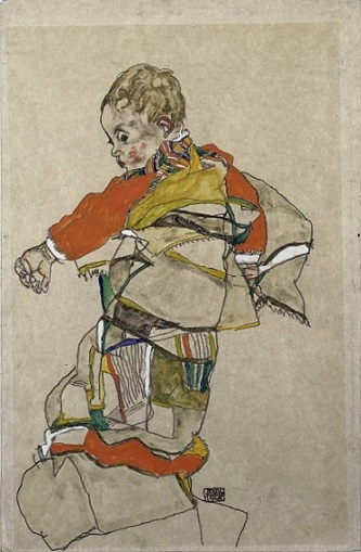 Egon schiele boy in multi colored coot or robe mouton